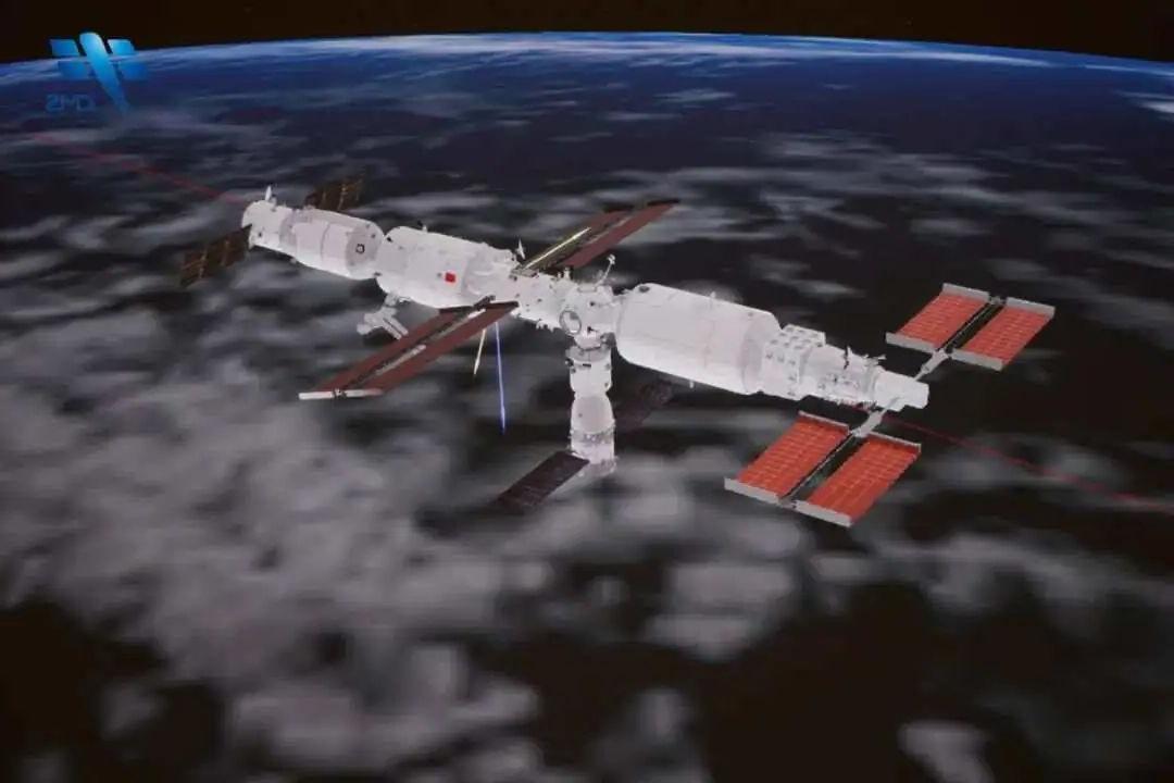 问天实验舱成功对接于天和核心舱前向端口的模拟图像